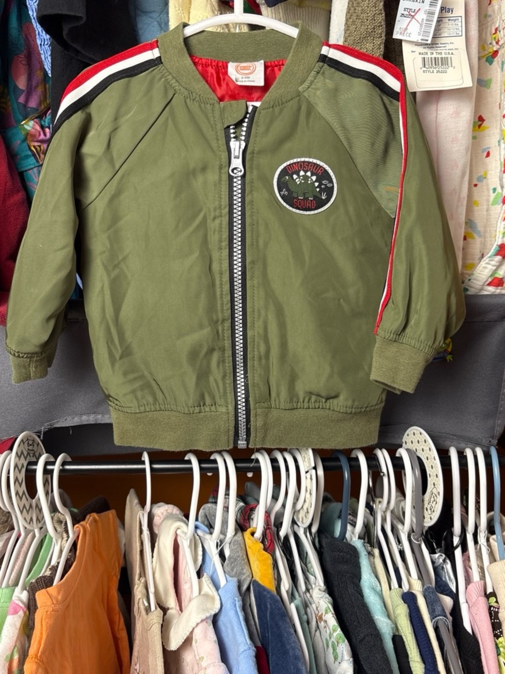 wonder nation Olive Green and Coral Kids Bomber Jacket with Dinosaur Patch